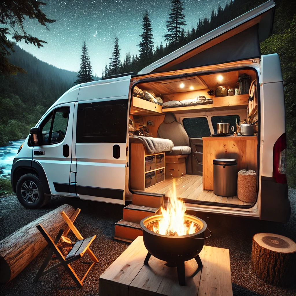 Ram Promaster van with a portable fire pit