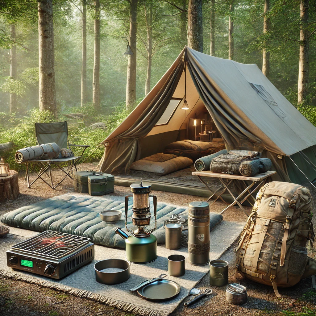 camping scene with essential gear set up