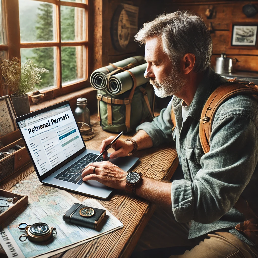 a camper preparing for a trip by securing permits online.